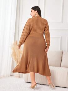 Mulvari 大碼麻花編織落肩袖毛衣洋裝 - 卡其色 - 查看 2