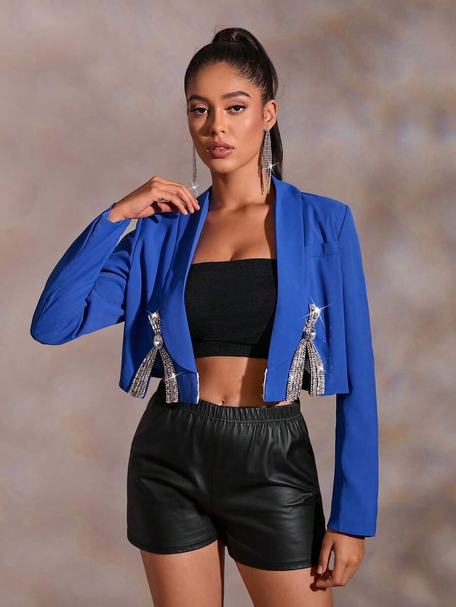 SHEIN BAE 流蘇飾邊短款西裝外套 - 寶藍色 - 查看 1