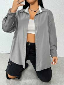Flirla Plus Drop Shoulder Button Front Shirt - Grey - View 4