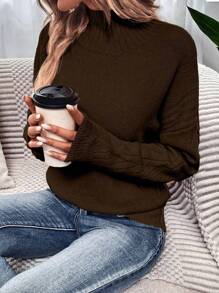 SHEIN LUNE Suéter de Gola Alta com Ombros Caídos, Blusas de Manga Longa Tricotadas, Suéter de Inverno - Chocolate - Visão 4