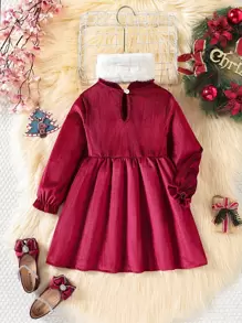 SHEIN Cô Gái Trẻ tay áo lá sen Chi tiết cung Đầm & Băng đô đầu - Đỏ - Xem 2