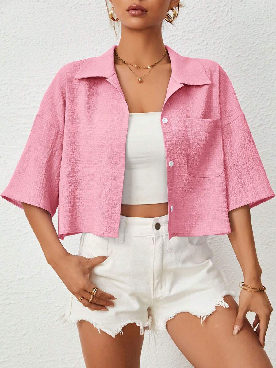 SHEIN EZwear 落肩口袋貼花襯衫 - 粉色 - 查看 1