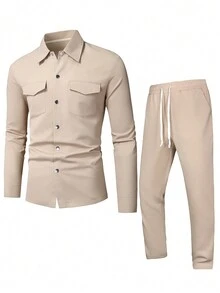 Manfinity Homme Men Flap Pocket Shirt & Drawstring Waist Pants - Beige - View 5