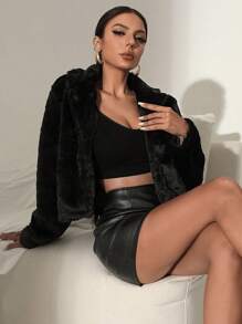 Chiquease Solid Open Front Crop Fuzzy Jacket Fall Winter Cloth For Women - Black - View 1