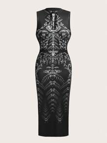SHEIN ICON 蜘蛛網印花高衩緊身洋裝 - 黑色 - 查看 1