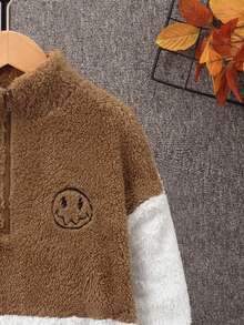 SHEIN Tween Boy Two Tone Cartoon Embroidery Kangaroo Pocket Half Zip Teddy Hoodie - Multicolor - View 5