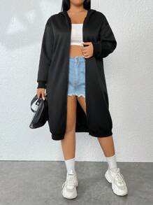 Flirla Plus Size Zip Up Drop Shoulder Sweatshirt - Black - View 5