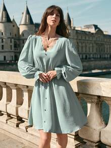 SHEIN Frenchy Flare Sleeve Scallop Trim Button Front Dress - Green - View 5