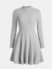 少女针织纯色罗纹小立领开袖长袖连衣裙 - 灰色 - 查看 1