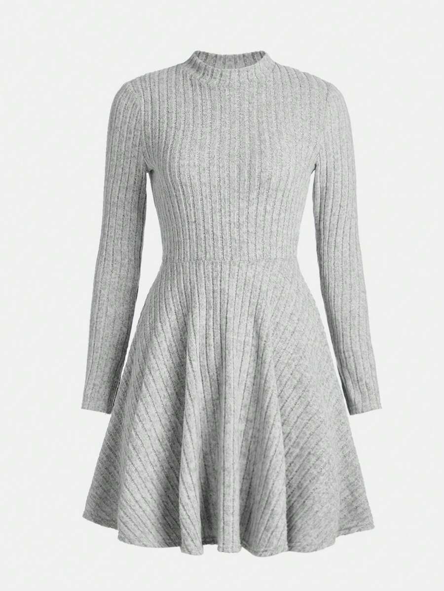少女针织纯色罗纹小立领开袖长袖连衣裙 - 灰色 - 查看 1