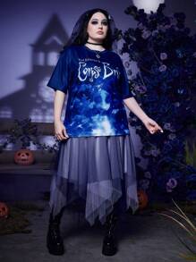 Corpse Bride | ROMWE Plus Letter & Figure Graphic Drop Shoulder Tee - Navy Blue - View 6