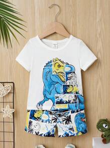 SHEIN Baby Boy Dinosaur Print Tee & Shorts - Blue - View 1