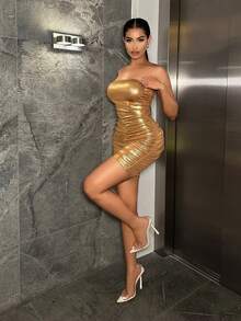 SHEIN SXY 褶邊金屬質感抹胸緊身連體褲 - 金色 - 查看 3