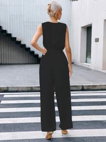 SHEIN Privé cổ áo xếp nếp Tự thắt lưng Không tay Áo liền quần - màu đen - Xem 2