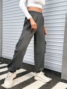 SHEIN Essnce Flap Pocket Side Elastic Waist Sweatpants - Dark Grey - View 3