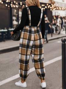SHEIN LUNE Plus Plaid Print Slant Pocket Overall Jumpsuit Without Tee - Khaki - View 2