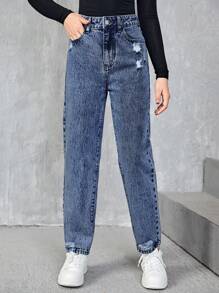 SHEIN Quần jean rách ống đứng teen girl - Rửa trung bình - Xem 5