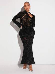 SHEIN SXY 印花前鏤空緊身洋裝 - 黑色 - 查看 3