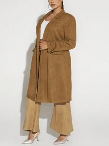 SHEIN SXY Plus Lapel Neck Double Button Placket Coat - Coffee Brown - View 3