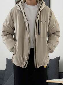 DAZY Men Letter Graphic Zip Up Hooded Padded Coat,Fall Clothes Jacket - Khaki - View 10