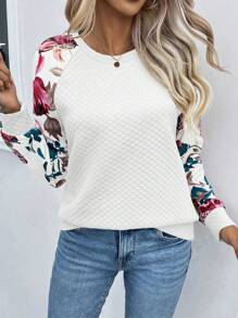 SHEIN VCAY Floral Print Raglan Sleeve Sweatshirt - White - View 3