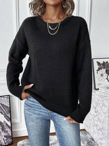 EMERY ROSE Ladies' Autumn And Winter New Round Neck Retro Elegant Slouchy Loose Casual Temperament Atmospheric Versatile Outdoor Commuting Date Pullover Sweater Fall Cloth For Women - Black - View 4