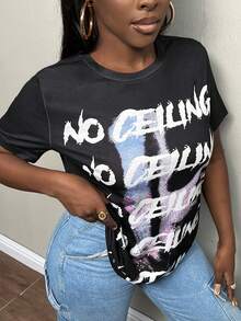 Slaydiva Đồ họa Khẩu hiệu Áo thun - màu đen - Xem 4