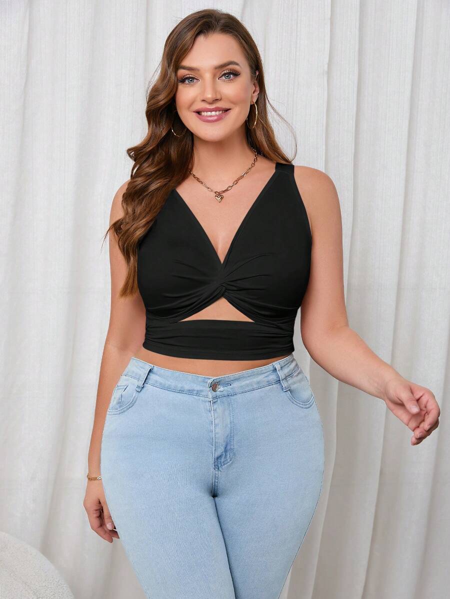 Firerie Plus Twist Front Cut Out Crop Tank Top - Black - View 1