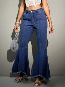 SHEIN BAE 毛邊下擺喇叭牛仔褲