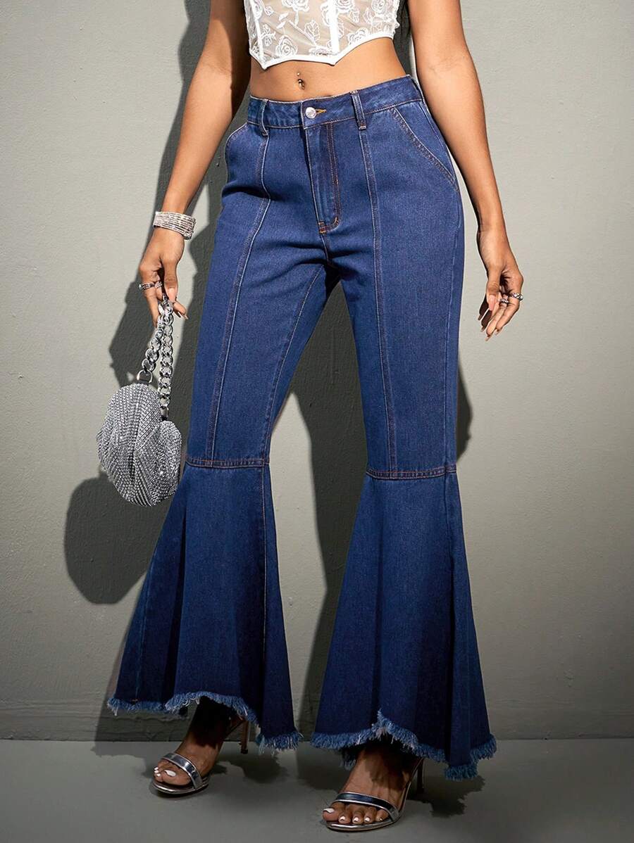 SHEIN BAE 毛邊下擺喇叭牛仔褲