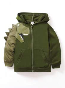 SHEIN Young Boy Dinosaur Printed Zip-Up Sports Jackets For Autumn Outfits, Hooded Sweatshirt