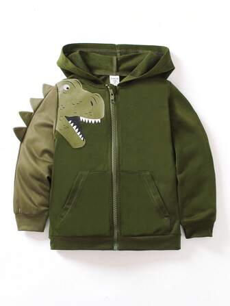 SHEIN Fantacosmos Chaquetas deportivas con cremallera y estampado de dinosaurio para niños pequeños para trajes de otoño, sudadera con capucha