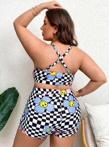 Khrim Reaper SHEIN Swim Curve Artist Girlcore Summer Beach Plus Floral & Checker Print Bikini Set, Women Clothes, For Summer, Festival
