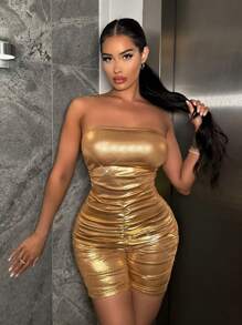 SHEIN SXY 褶邊金屬質感抹胸緊身連體褲 - 金色 - 查看 1