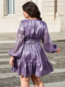 SHEIN Privé 大碼深V領燈籠袖荷葉邊洋裝 - 紫色 - 查看 2
