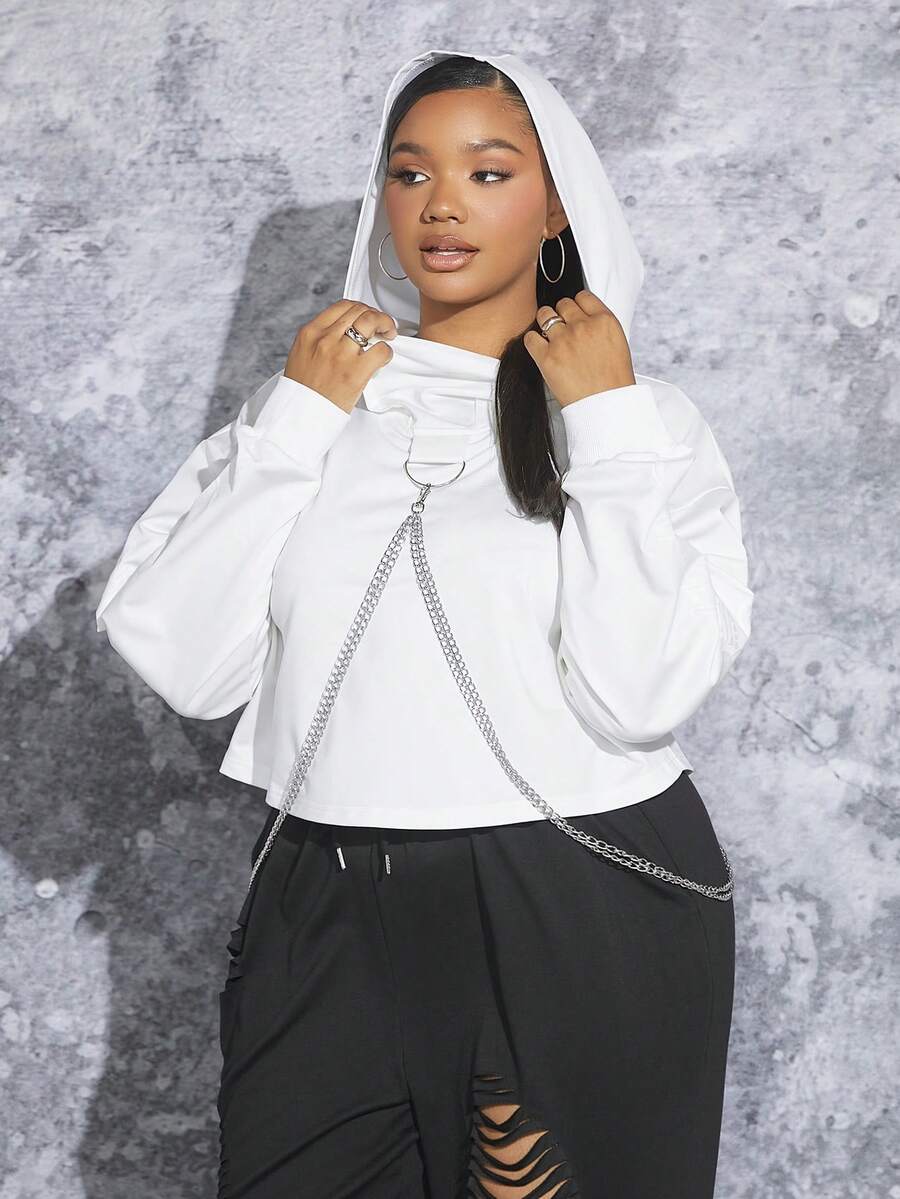 SHEIN SXY Plus Chain Detail Drop Shoulder Hoodie - White - View 1