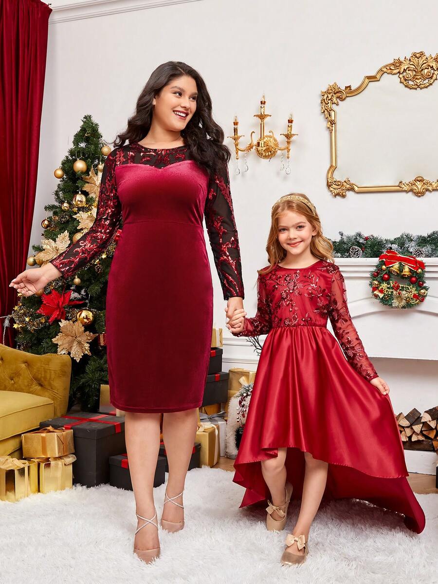 SHEIN Clasi 大碼蕾絲拼接絲絨緊身洋裝 - 酒紅色 - 查看 1