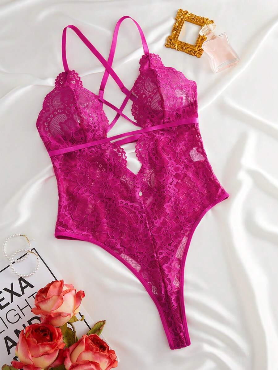 SHEIN Body lencero con cuello en pico profundo, espalda descubierta y encaje floral cruzado - Morado - Ver 1