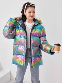 Teen Girls' Colorful Coating Long Thick Hooded Coat With Detachable Collar,In Fall/Winter - Multicolor - View 5