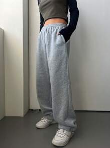 DAZY Solid Elastic Waist Slant Pocket Sweatpants,Women Joggers Fall,Winter - Grey - View 3