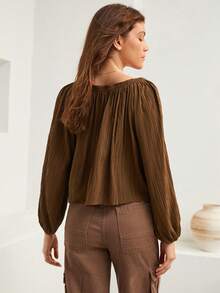 Bohemela 燈籠袖褶皺襯衫 - 棕色 - 查看 2