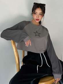 DAZY 星星印花插肩袖短款運動衫 - 灰色 - 查看 5