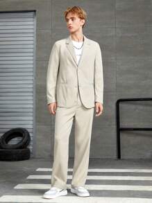 Manfinity Mode Men Solid Single Breasted Blazer & Suit Pants - Khaki - View 3