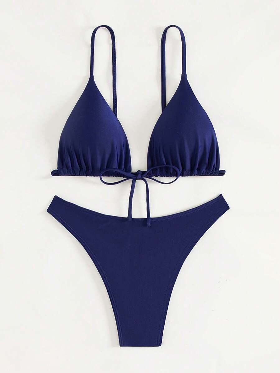 Bộ bikini tam giác buộc dây phía trước - Màu xanh bụi bặm - Xem 1