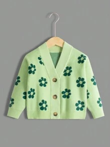 SHEIN Young Girl Floral Pattern Button Front Cardigan - Green - View 1