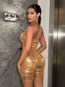 SHEIN SXY 褶邊金屬質感抹胸緊身連體褲 - 金色 - 查看 2