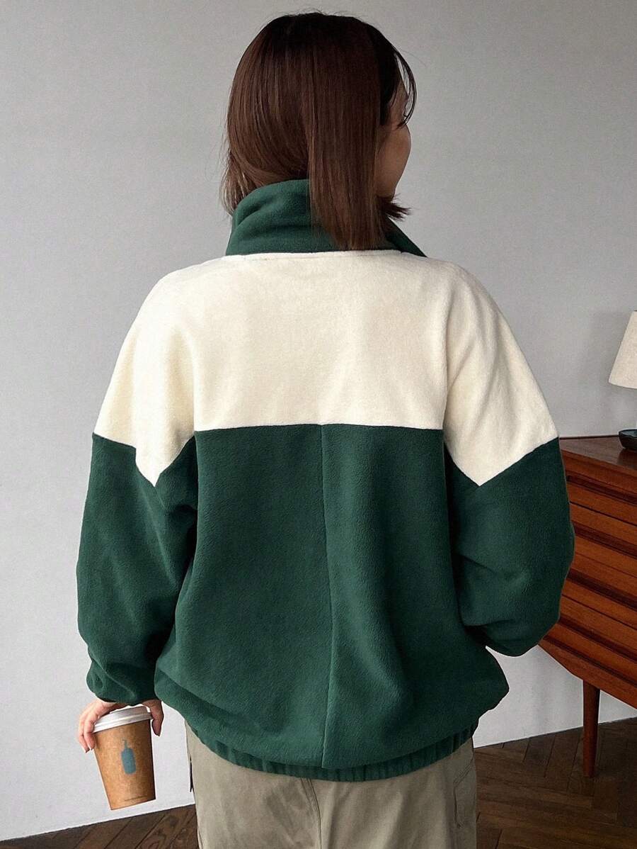 FRIFUL Two Tone Letter Patched Detail Drop Shoulder Zipper Fleece Coat