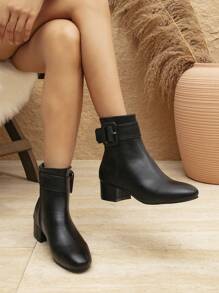 Fall/Winter High Heels Side Zipper Women's Fashion Boots, Elegant Round Toe Thick Heel Party, Holiday, Wedding Shoes With Rhinestone Ribbon & Bow Decor - Black - View 5