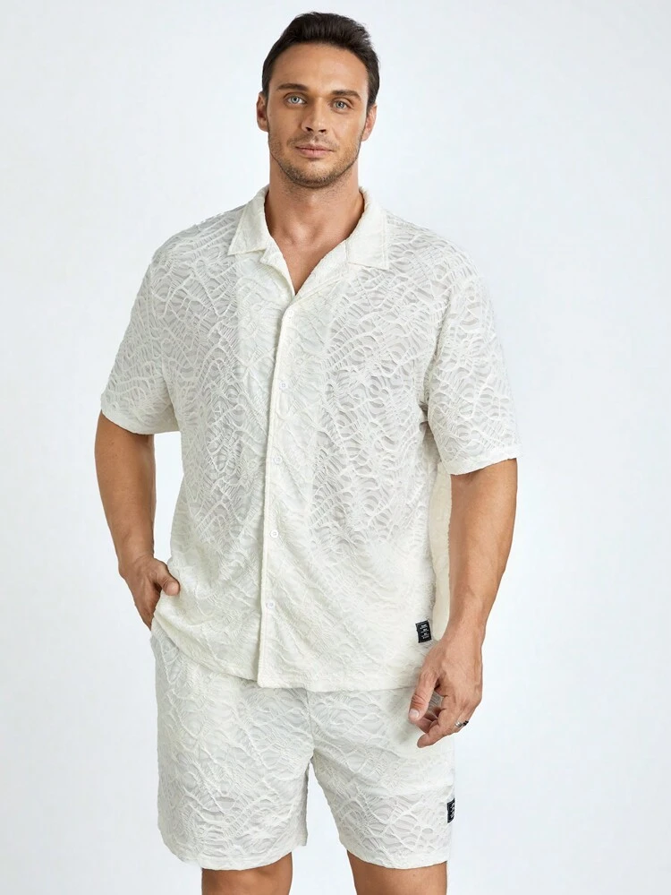 Men Plus Letter Patched Shirt & Shorts