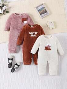 SHEIN 女嬰3入組刺繡卡通和字母圖案連身褲 - 彩色 - 查看 1